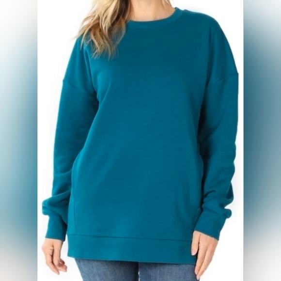 Zenana Outfitters Sweaters - Zenana Outfitters Teal Crew Neck Sweater With Pockets Womens 2X